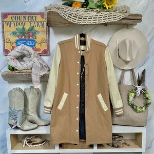 ROOTS long Sorority (award jacket ) w leather sleeves wool body w academia vibe